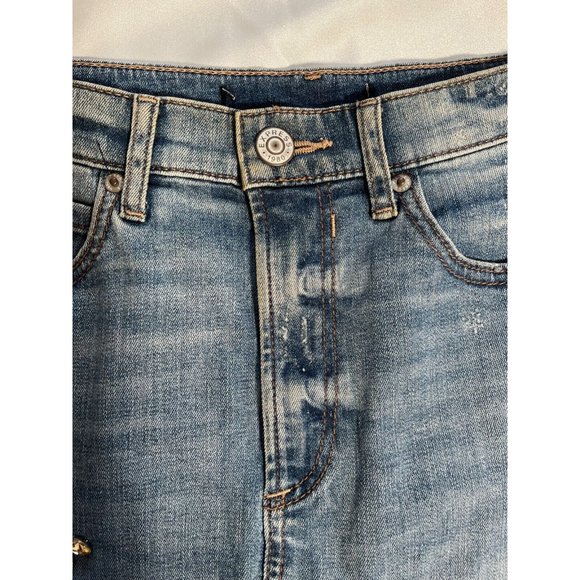 EXPRESS Bedazzled Gemstone Jean Mini Skirt Distressed Raw Hem Medium Light Sz 4 - Picture 11 of 16